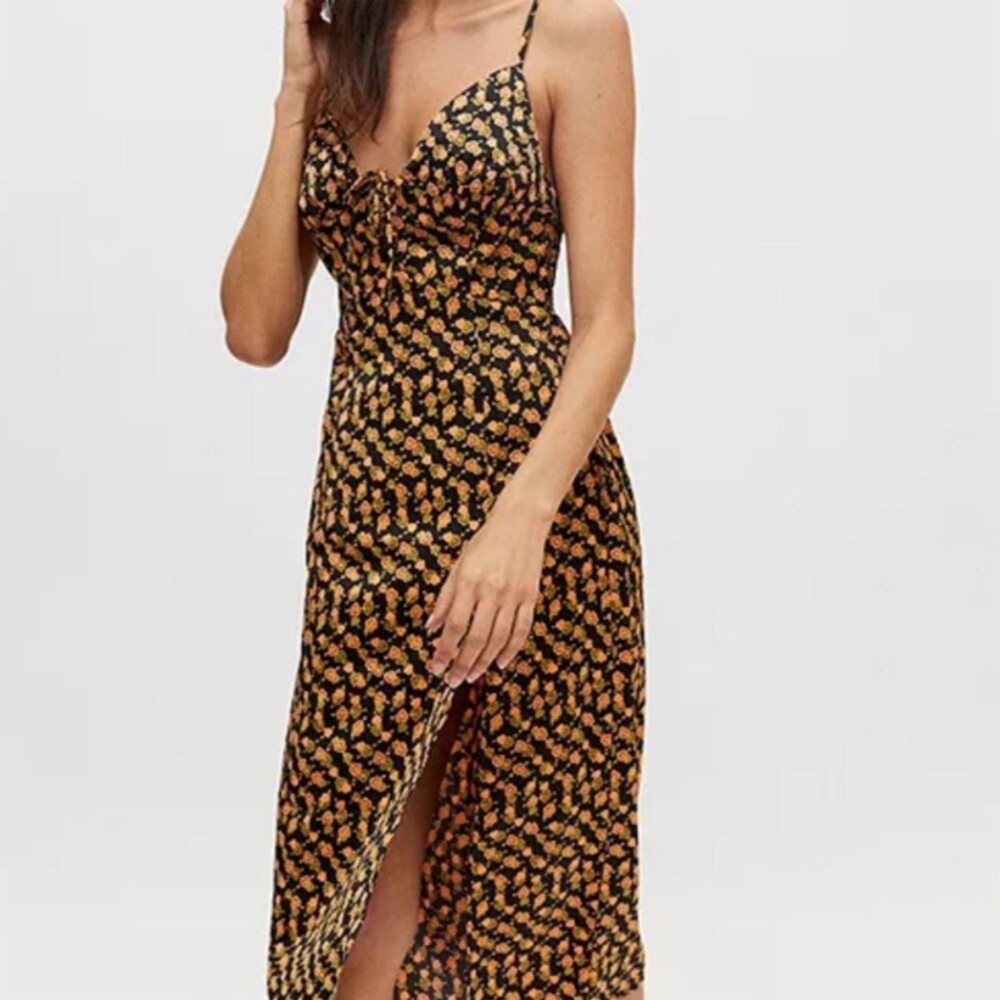 Urban Outfitters Dress Womens Size M Black Orange Floral Lace-Up Midi Slip